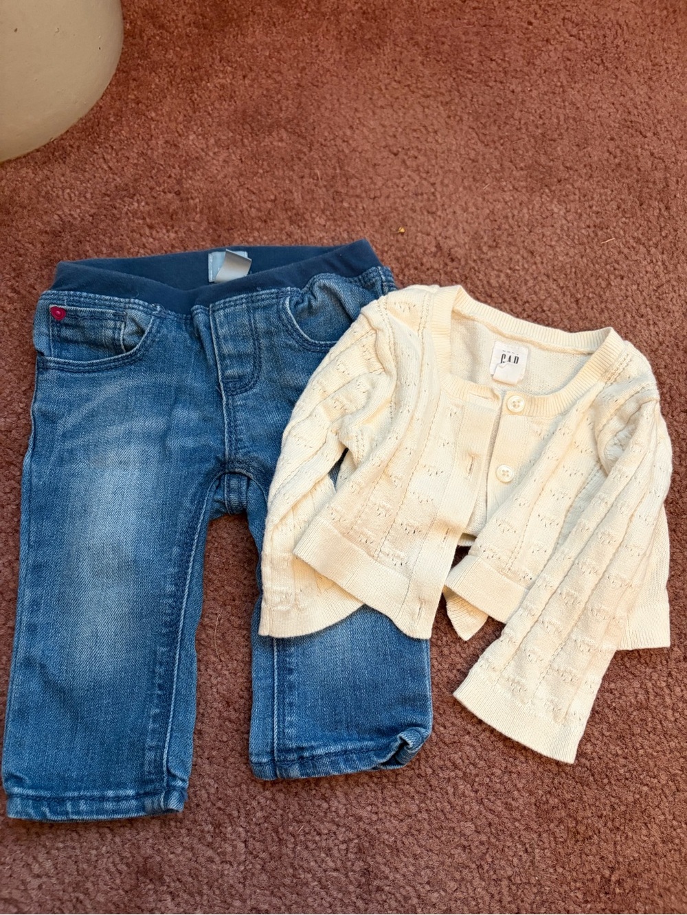 Baby GAP Cream Knit Cardigan and jeans